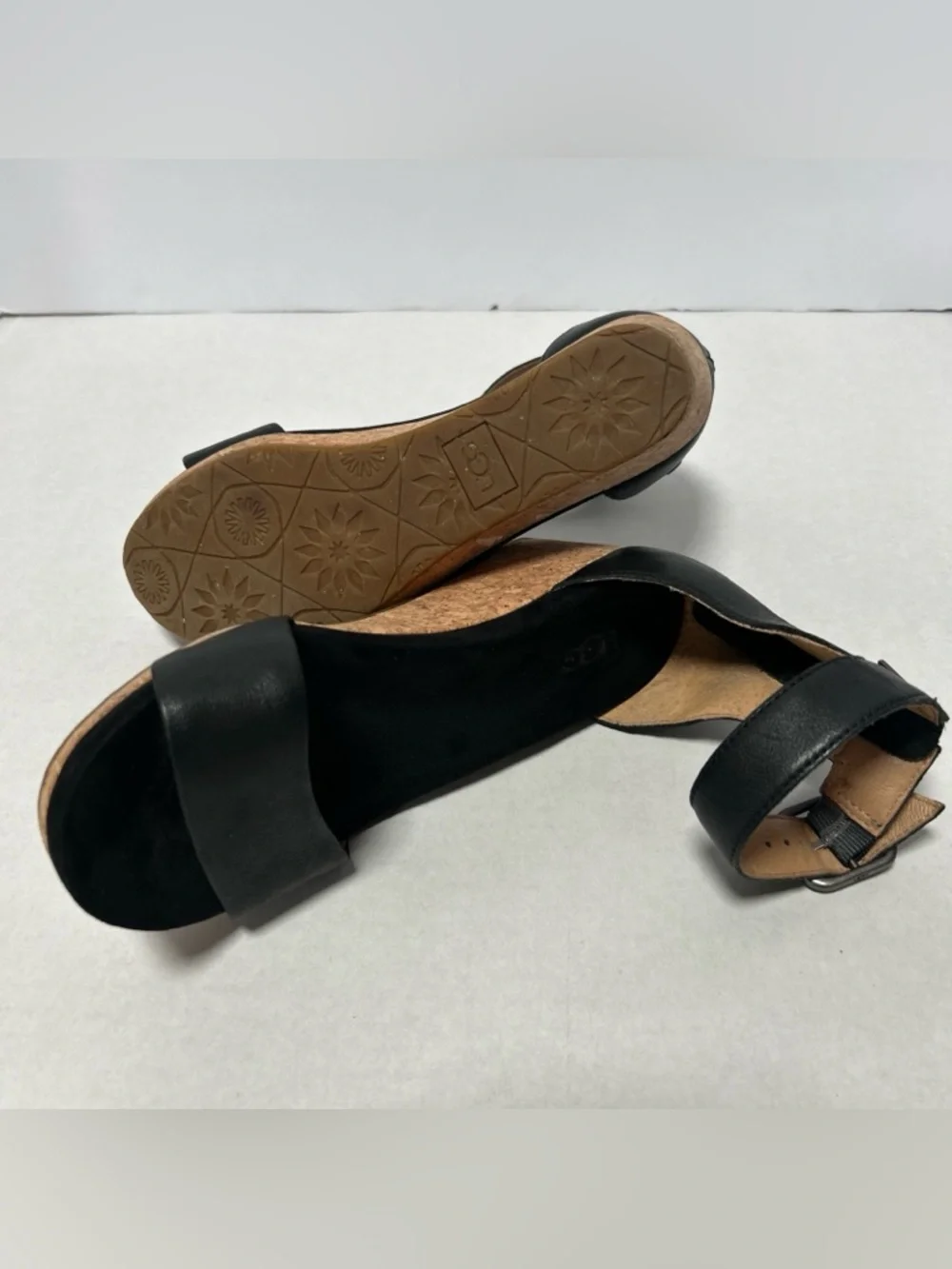 UGG Zoe II Leather Open Wedge Cork Sandal Ankle Strap‎ 1102674 Black Size 6.5